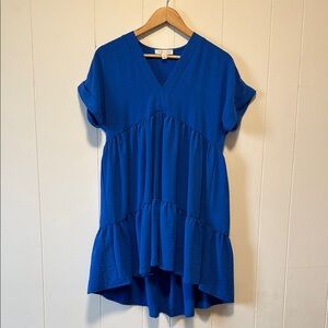 Blue V-Neck Ruffle Hem Top